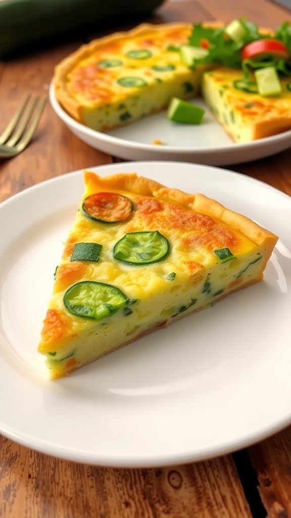 Weight Watchers 3 Point Crustless Zucchini Quiche Recipe A slice of crustless zucchini quiche with zucchini pieces, served on a plate with fresh herbs.